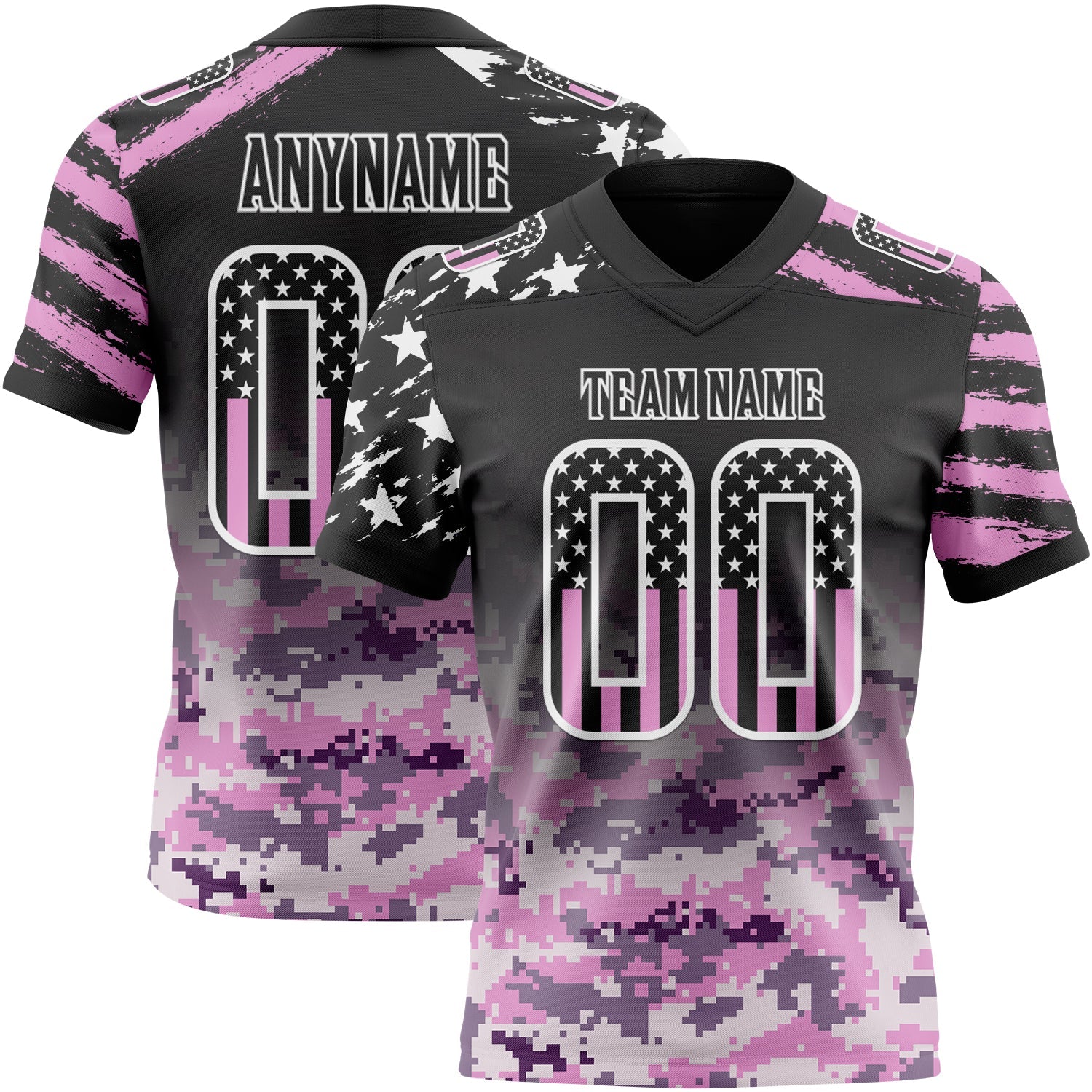 Custom Black USA Flag Camo-White Authentic Gradient Digital Camouflage Stars & Stripes Raglan Sleeves Football Jersey
