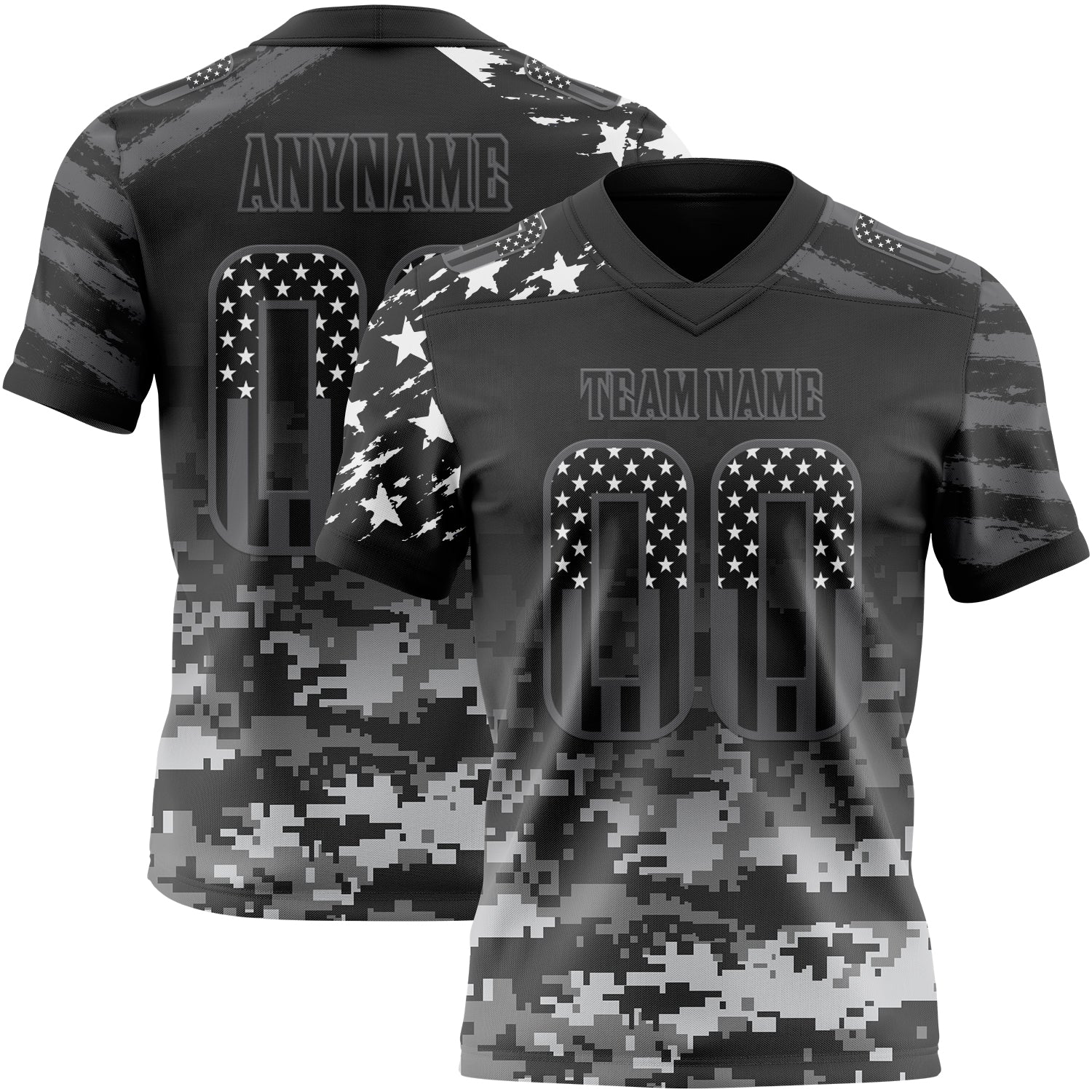 Custom Black USA Flag Camo-Steel Gray Authentic Gradient Digital Camouflage Stars & Stripes Raglan Sleeves Football Jersey