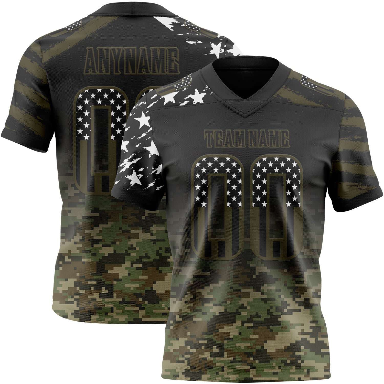 Custom Black USA Flag Camo-Olive Authentic Gradient Digital Camouflage Stars & Stripes Raglan Sleeves Football Jersey
