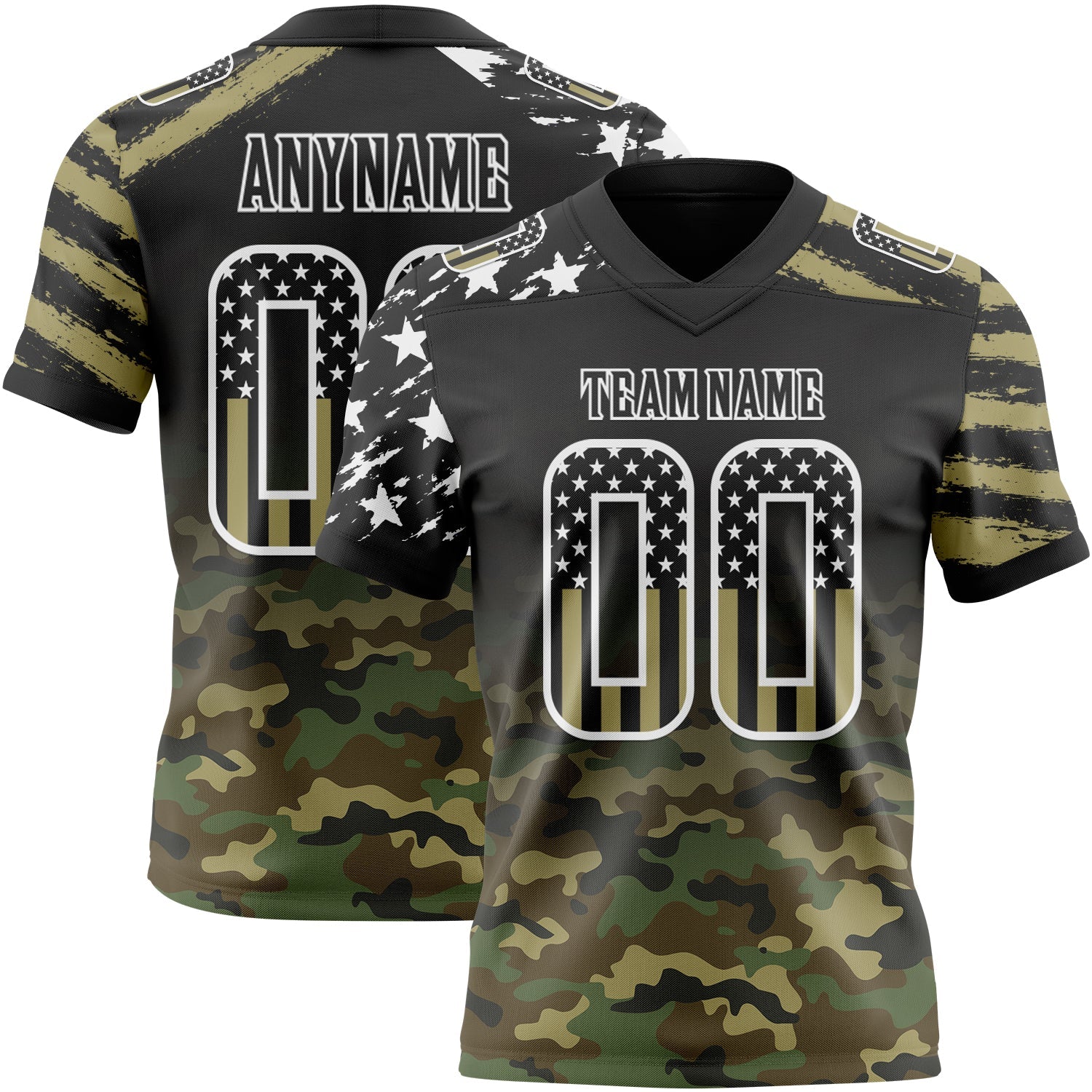Custom Black USA Flag Camo-White Authentic Gradient Digital Camouflage Stars & Stripes Raglan Sleeves Football Jersey