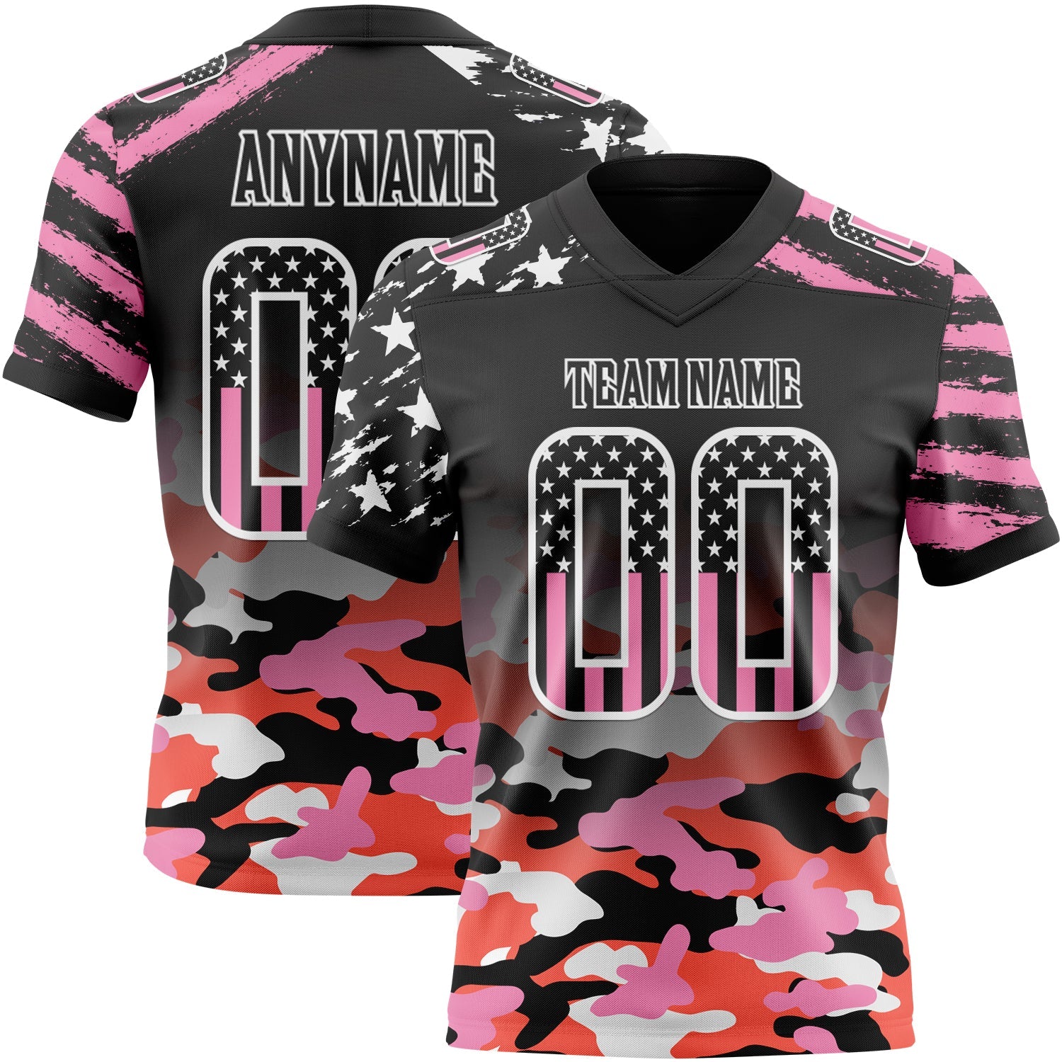 Custom Black USA Flag Camo-White Authentic Gradient Digital Camouflage Stars & Stripes Raglan Sleeves Football Jersey