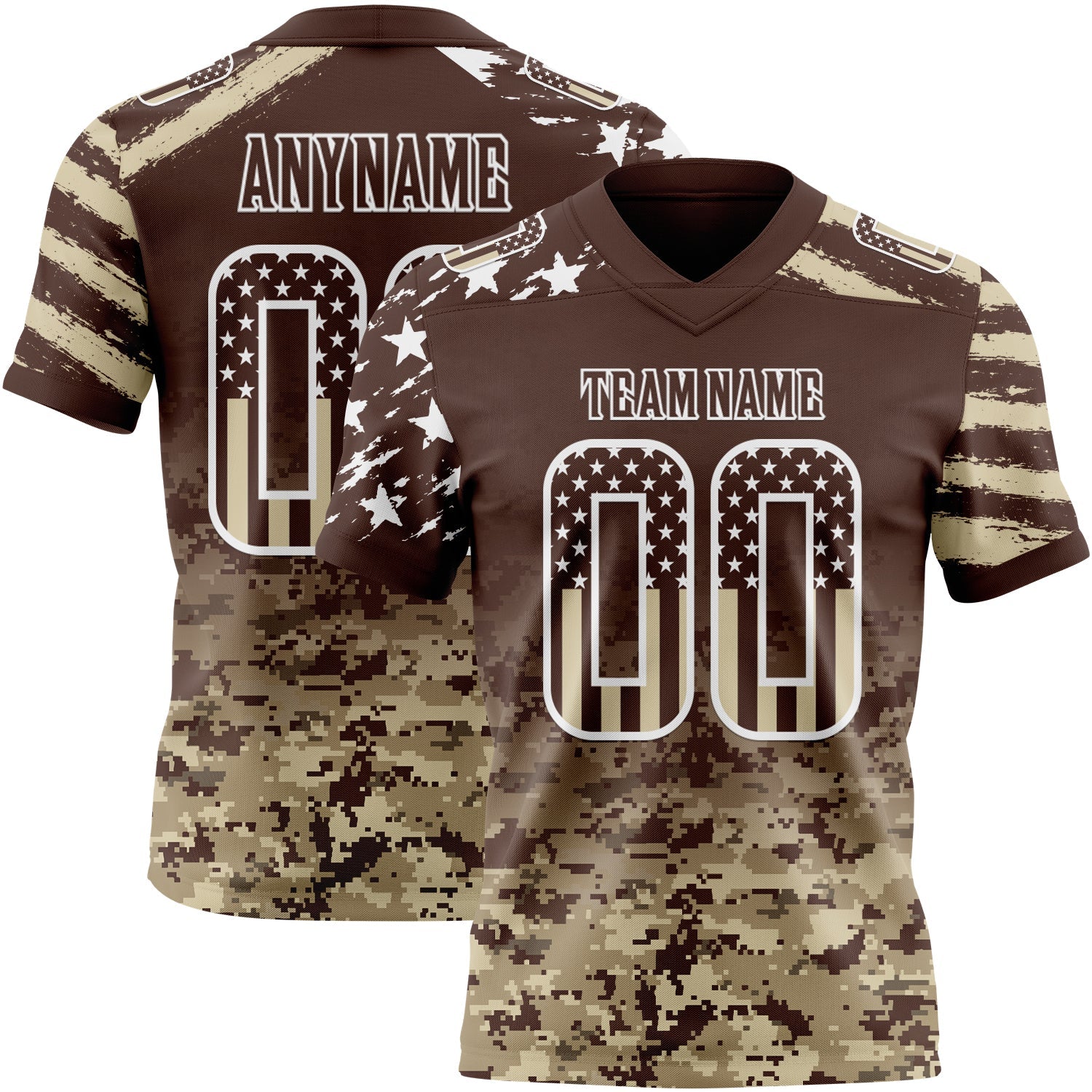 Custom Brown USA Flag Camo-White Authentic Gradient Digital Camouflage Stars & Stripes Raglan Sleeves Football Jersey