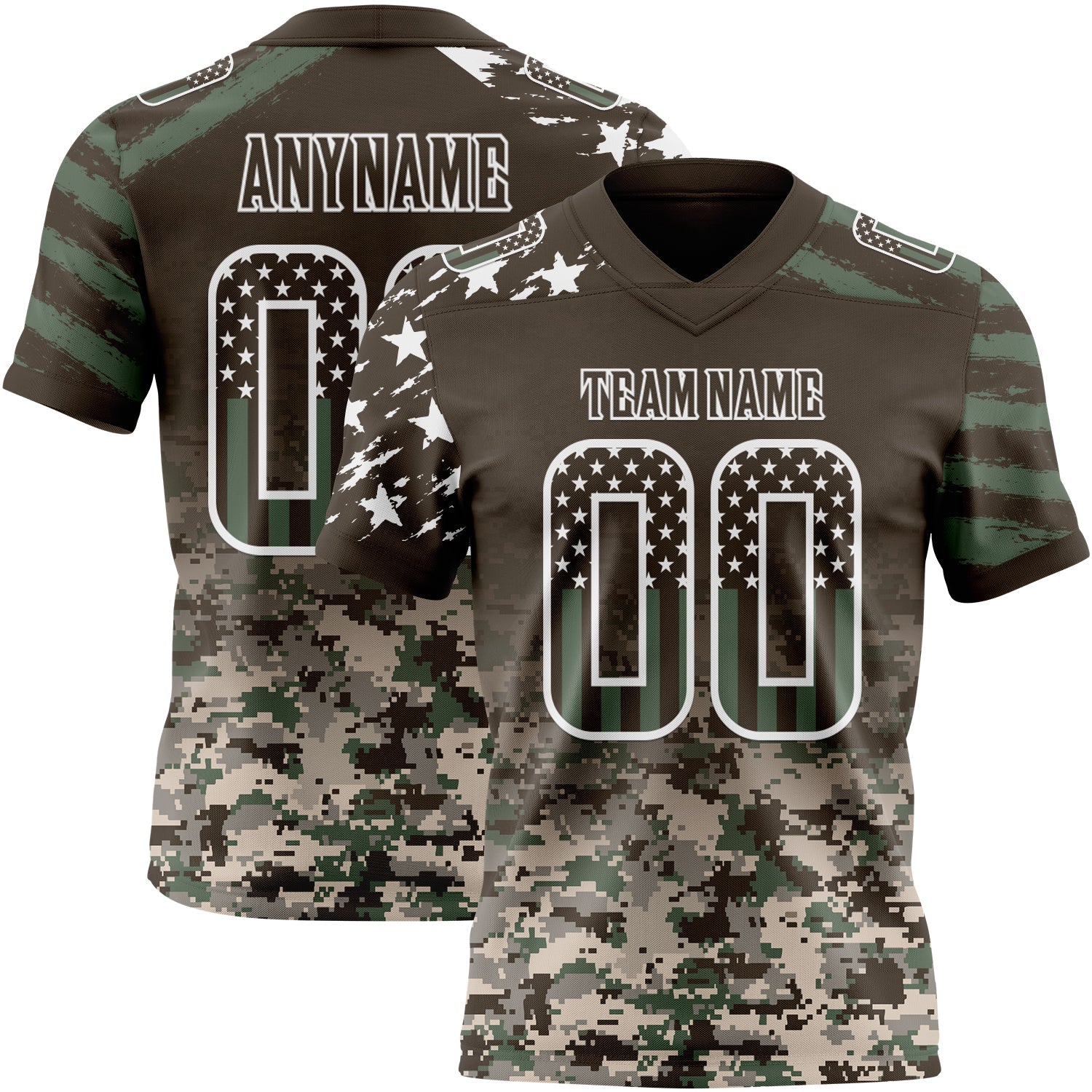 Custom Brown USA Flag Camo-White Authentic Gradient Digital Camouflage Stars & Stripes Raglan Sleeves Football Jersey