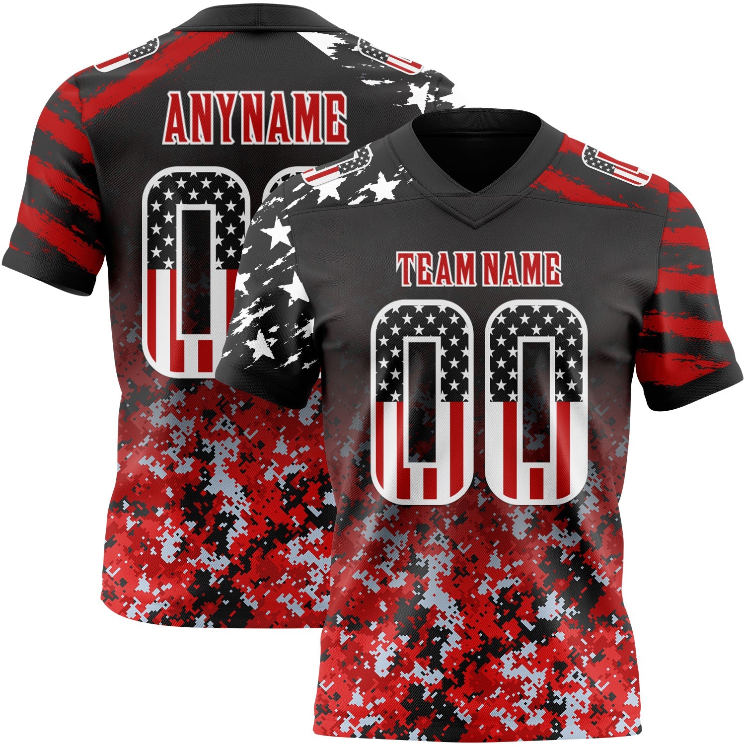 Custom Black USA Flag Camo White-Red Authentic Gradient Digital Camouflage Stars & Stripes Raglan Sleeves Football Jersey