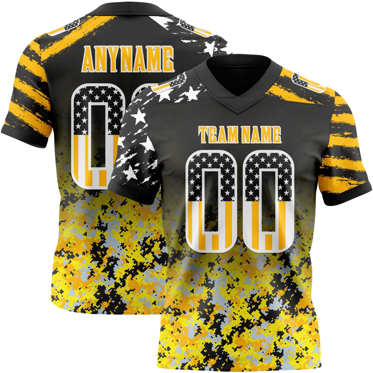 Custom Black USA Flag Camo White-Gold Authentic Gradient Digital Camouflage Stars & Stripes Raglan Sleeves Football Jersey