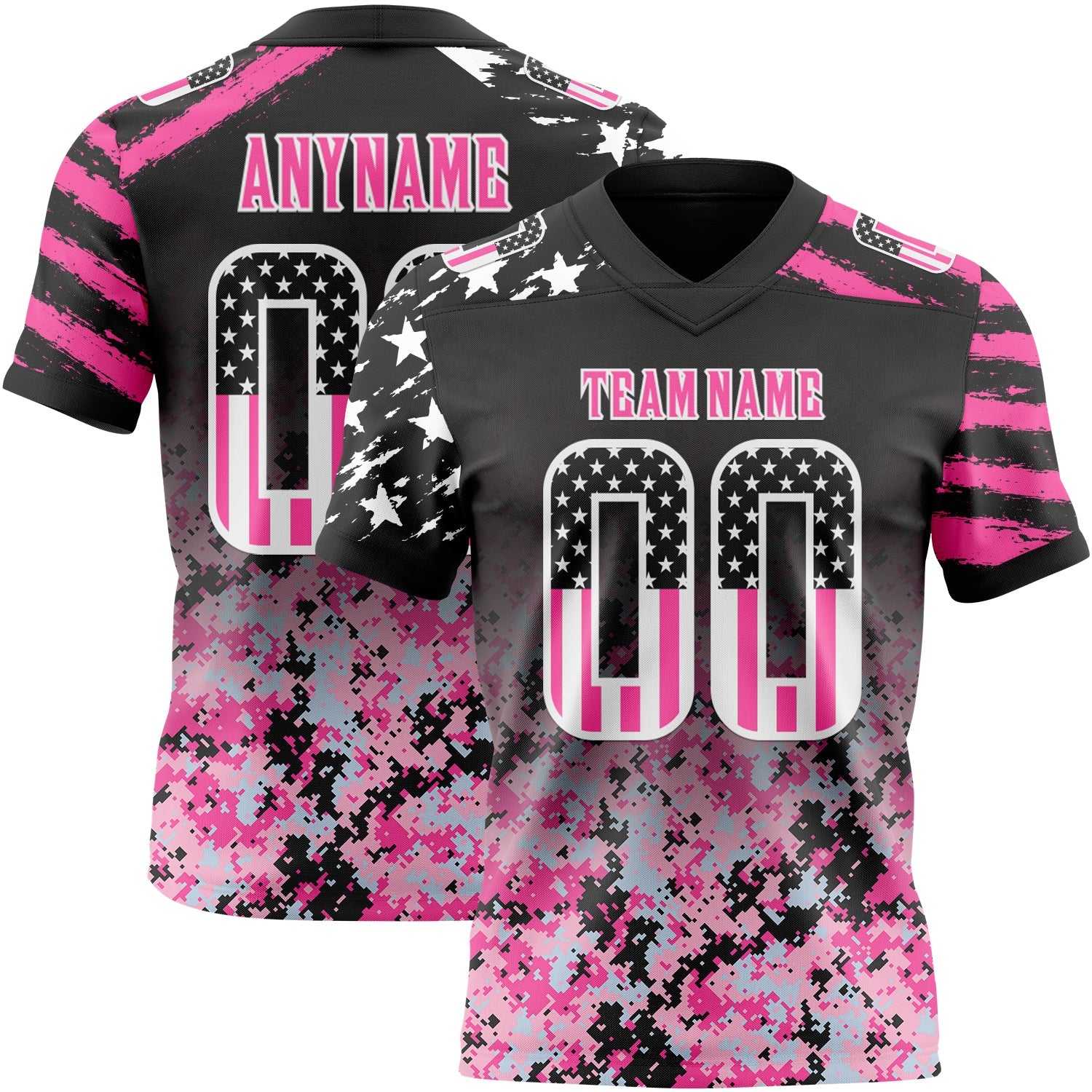 Custom Black USA Flag Camo White-Pink Authentic Gradient Digital Camouflage Stars & Stripes Raglan Sleeves Football Jersey