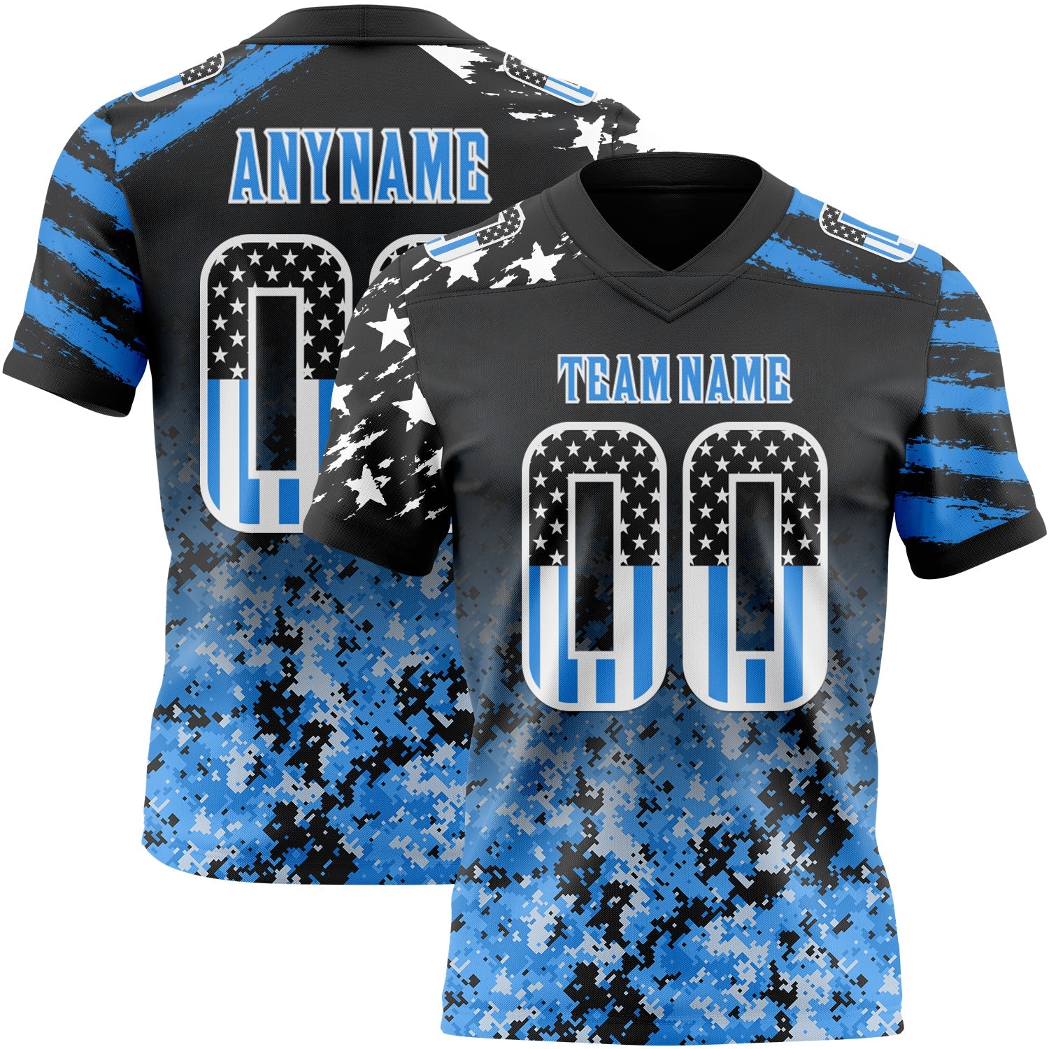 Custom Black USA Flag Camo White-Powder Blue Authentic Gradient Digital Camouflage Stars & Stripes Raglan Sleeves Football Jersey
