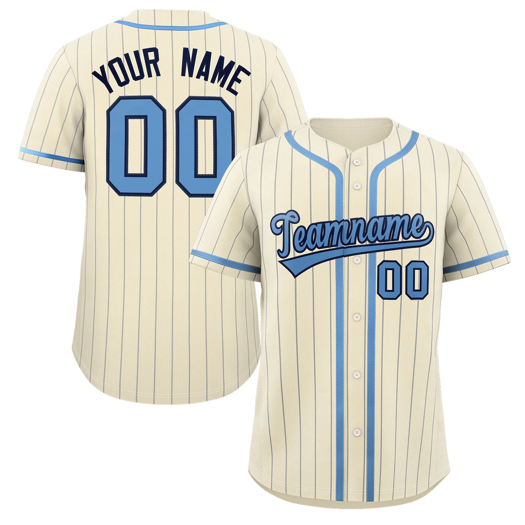 Custom Cream Light Blue-Light Gray Stripe Fashion Design Full Button Authentic Baseball Jersey