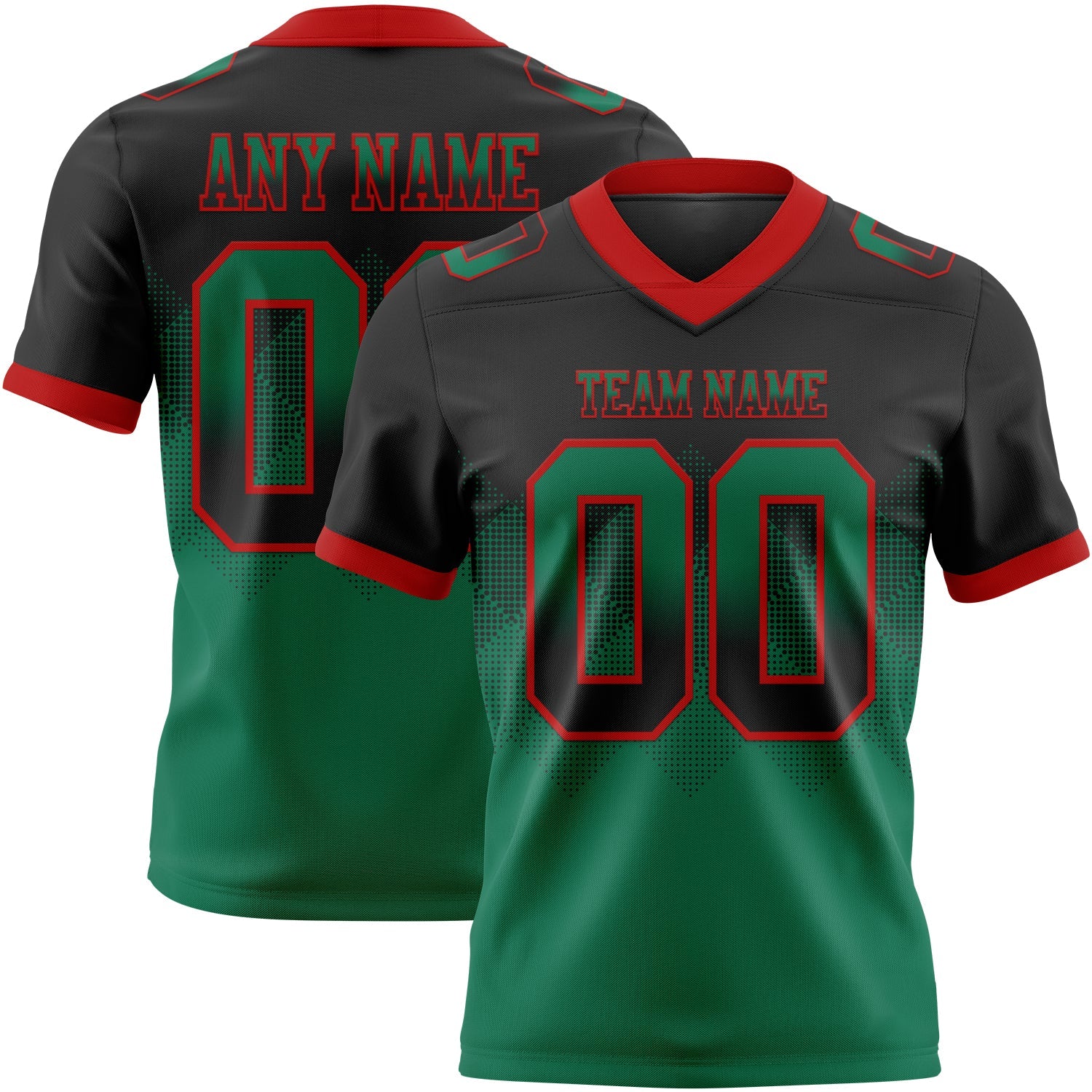 Custom Black Kelly Green-Red Authentic Gradient Square Shape 7V7 Flag Football Jersey