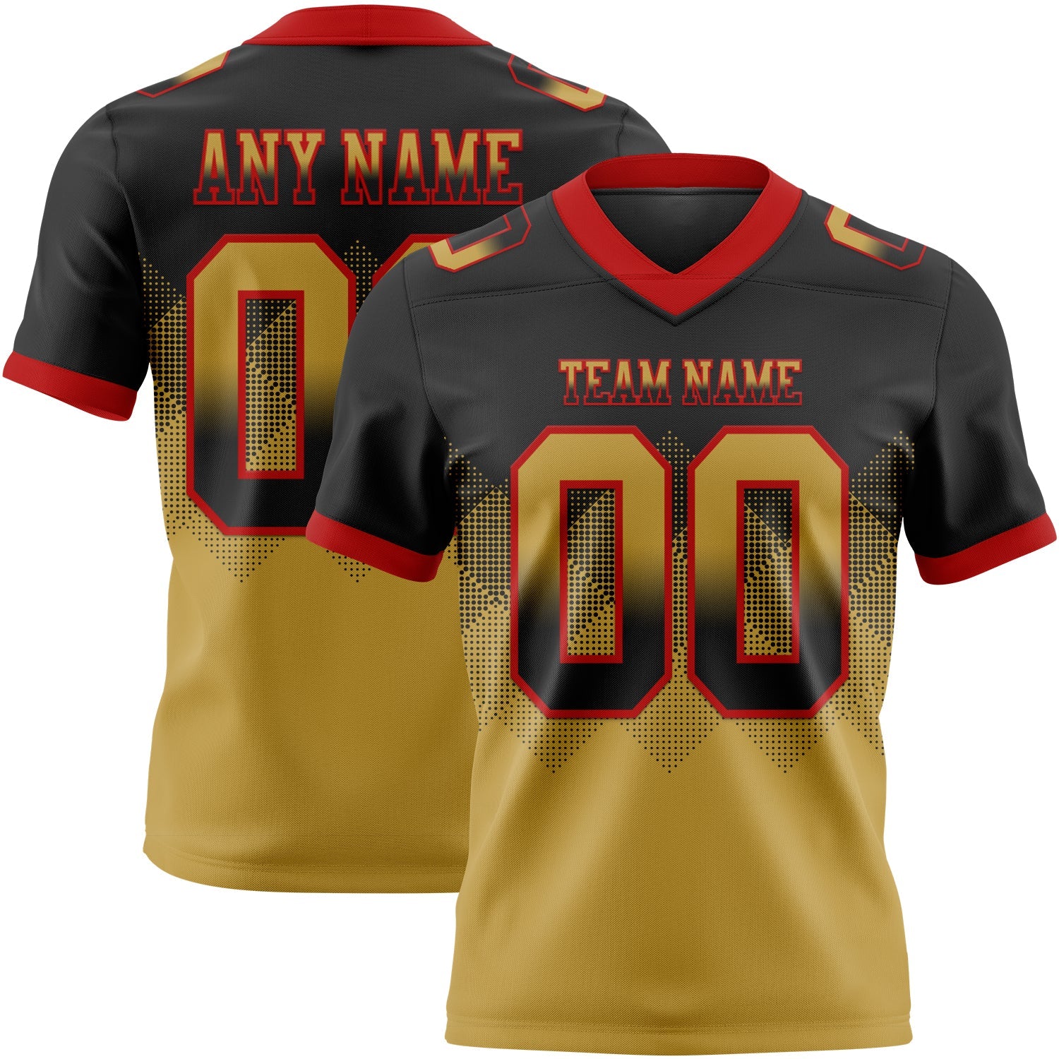 Custom Black Old Gold-Red Authentic Gradient Square Shape 7V7 Flag Football Jersey