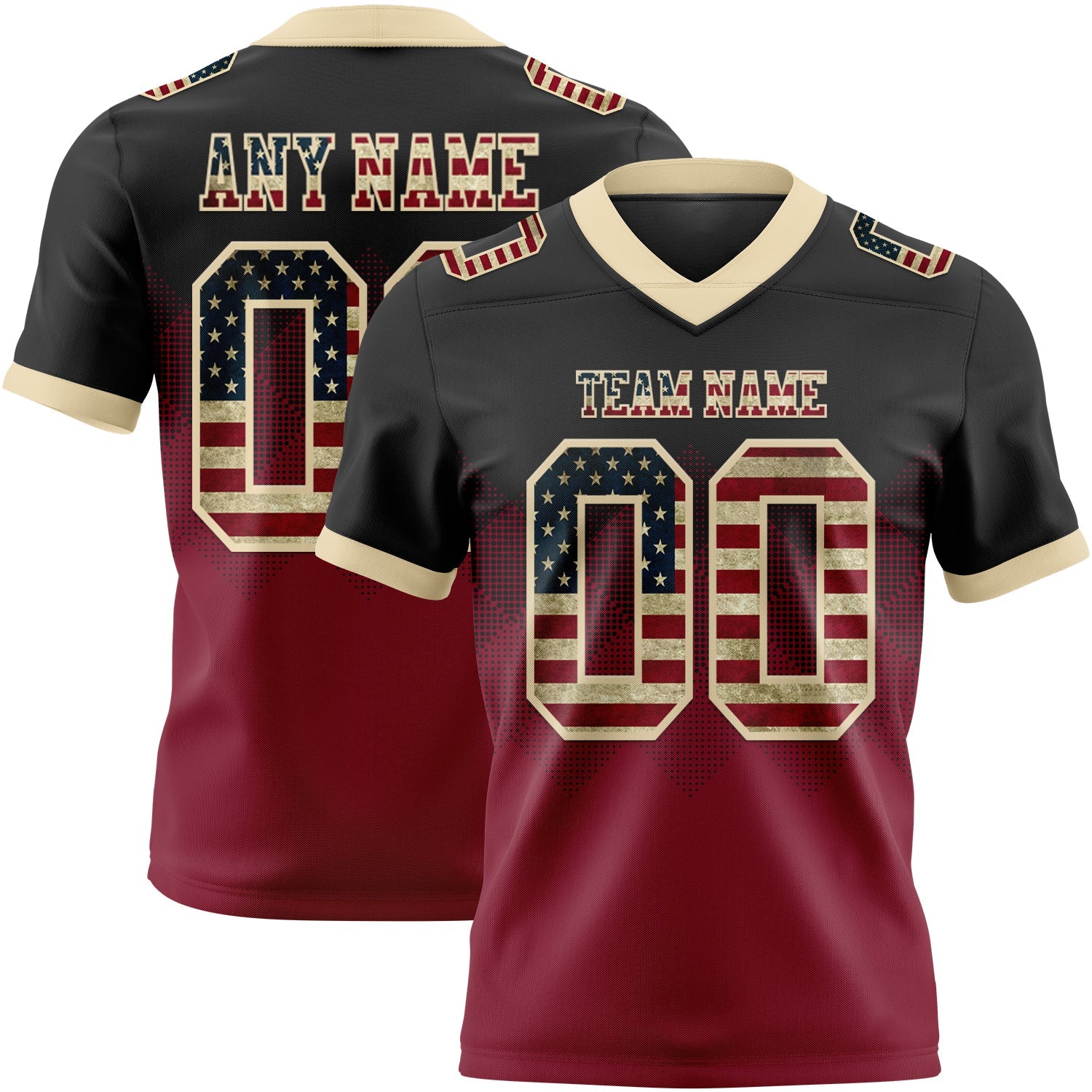 Custom Black Vintage USA Flag Crimson-Cream Authentic Gradient Square Shape 7V7 Flag Football Jersey