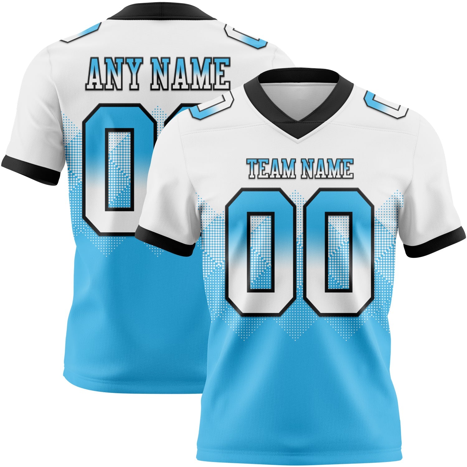 Custom White Sky Blue-Black Authentic Gradient Square Shape 7V7 Flag Football Jersey