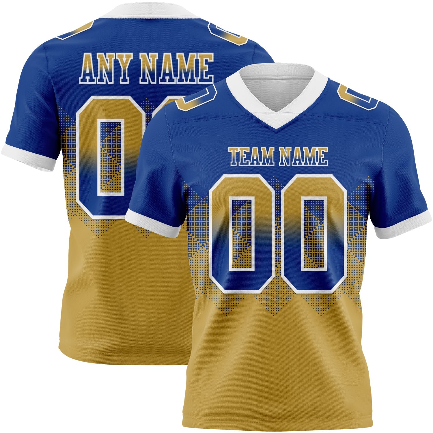Custom Royal Old Gold-White Authentic Gradient Square Shape 7V7 Flag Football Jersey