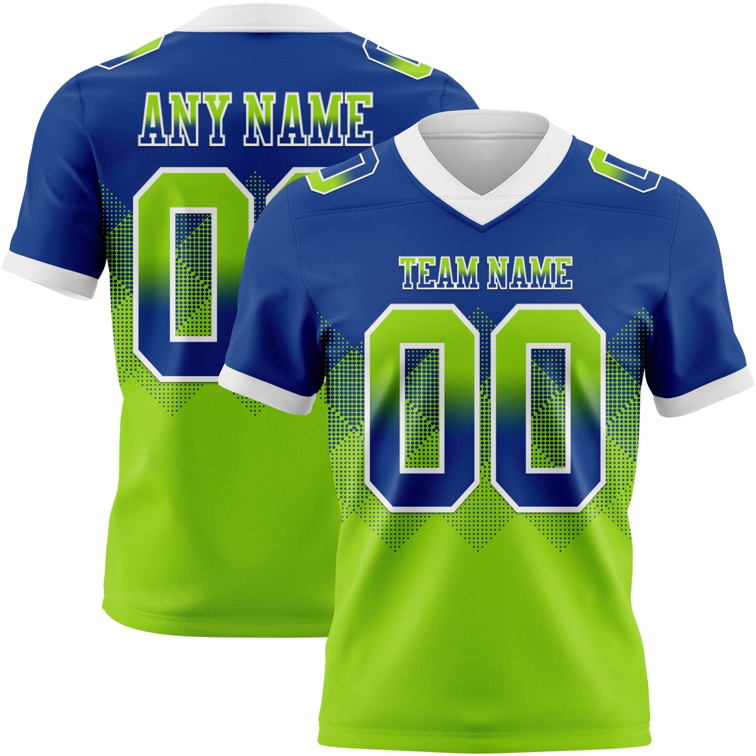 Custom Royal Neon Green-White Authentic Gradient Square Shape  7V7 Flag Football Jersey