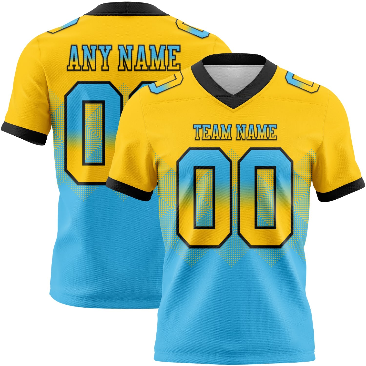 Custom Yellow Sky Blue-Black Authentic Gradient Square Shape 7V7 Flag Football Jersey