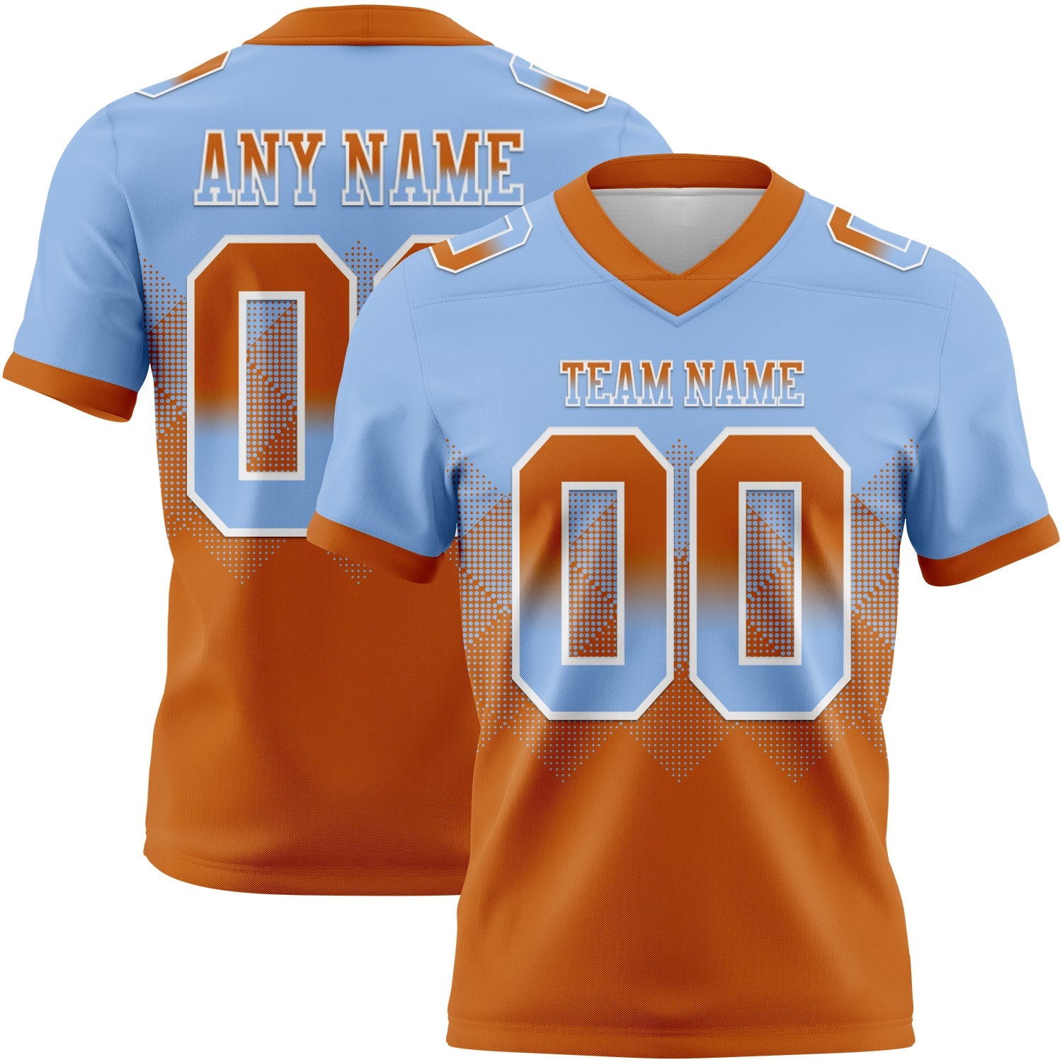 Custom Light Blue Texas Orange-White Authentic Gradient Square Shape 7V7 Flag Football Jersey