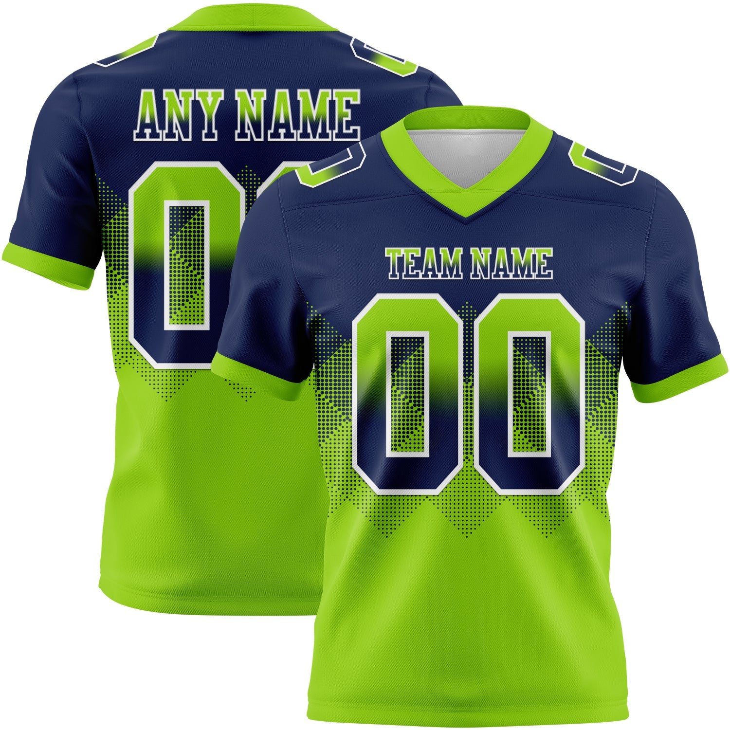 Custom Navy Neon Green-White Authentic Gradient Square Shape 7V7 Flag Football Jersey