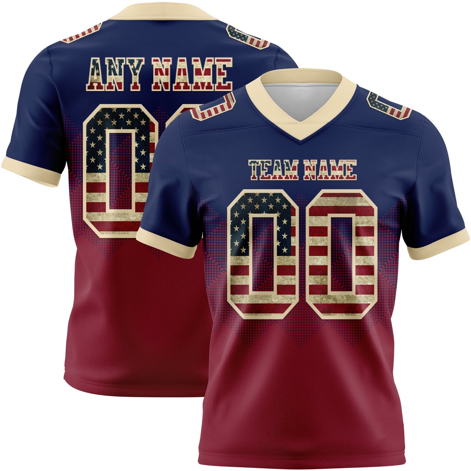 Custom Navy Vintage USA Flag Crimson-Cream Authentic Gradient Square Shape 7V7 Flag Football Jersey
